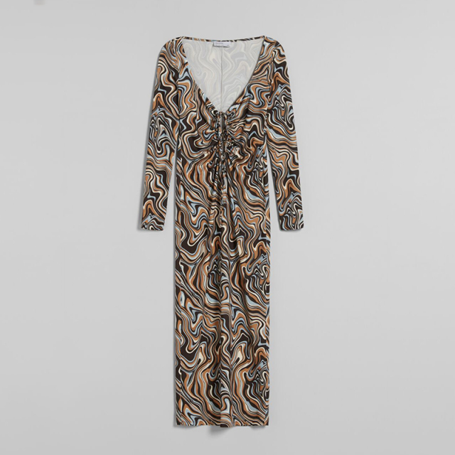 Gathered collar mid-length print long-sleeved dress