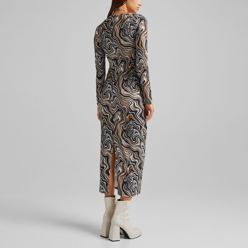 Gathered collar mid-length print long-sleeved dress
