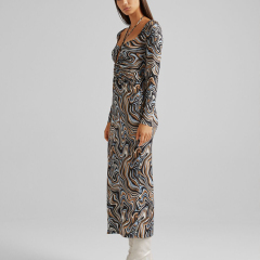 Gathered collar mid-length print long-sleeved dress