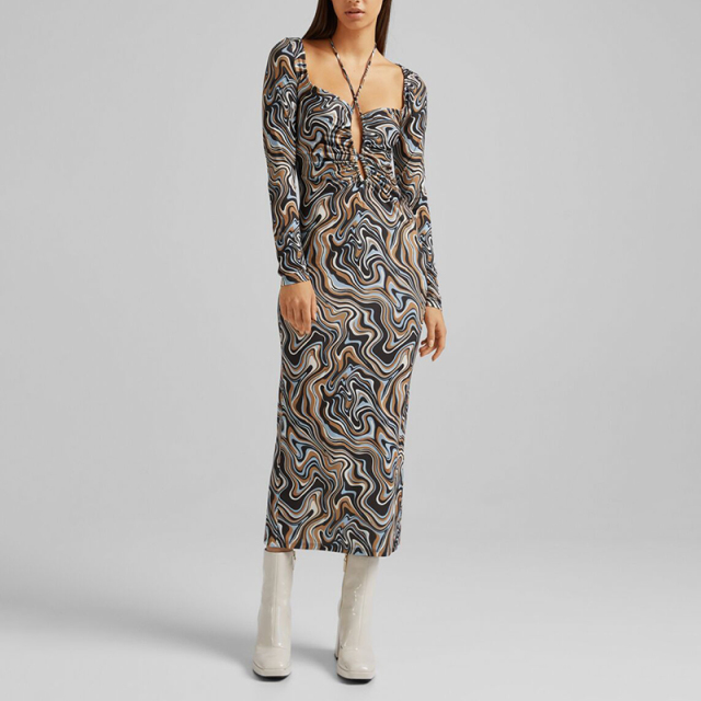 Gathered collar mid-length print long-sleeved dress
