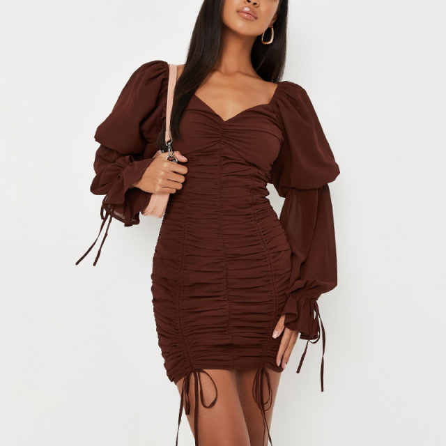 Chiffon overlay puff sleeve mini dress
