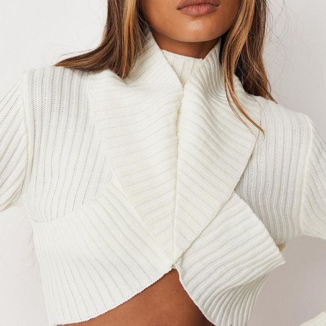 Cream halterneck detail knit crop top