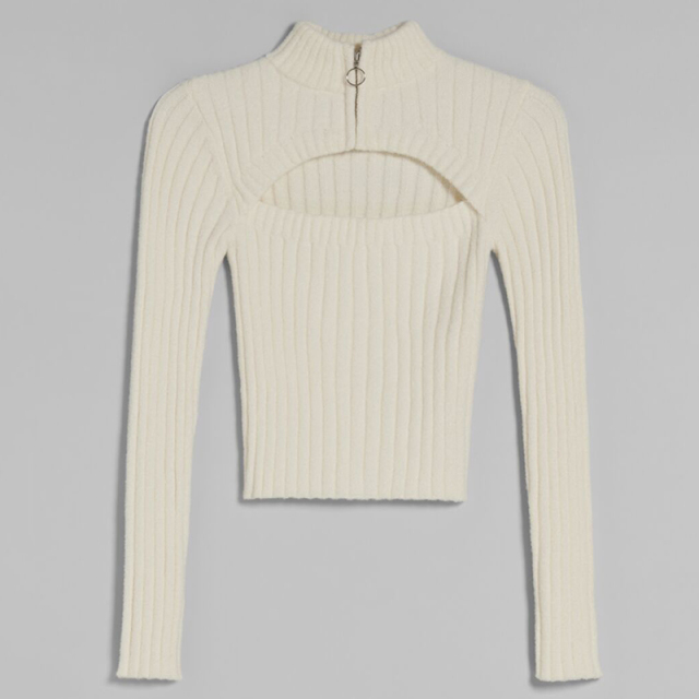 Zip-neck hollow knit sweater