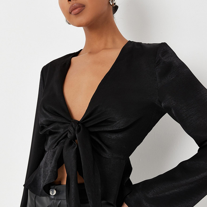 Black satin peplum hem blouse