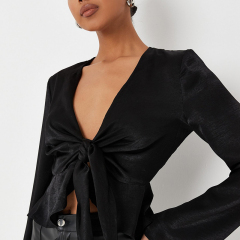 Black satin peplum hem blouse