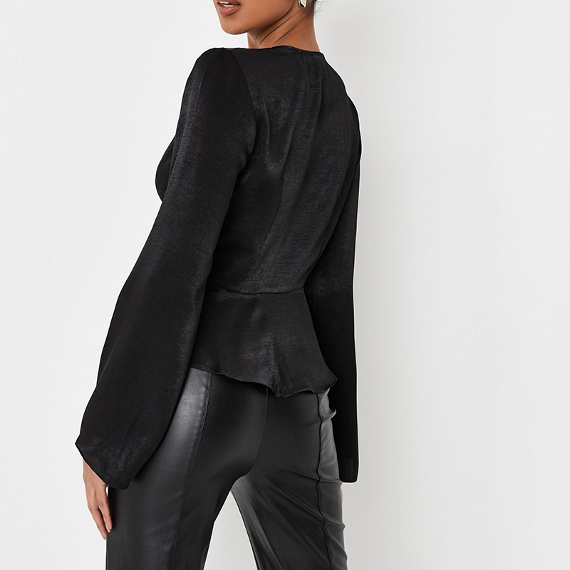 Black satin peplum hem blouse