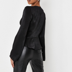 Black satin peplum hem blouse