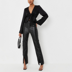 Black satin peplum hem blouse