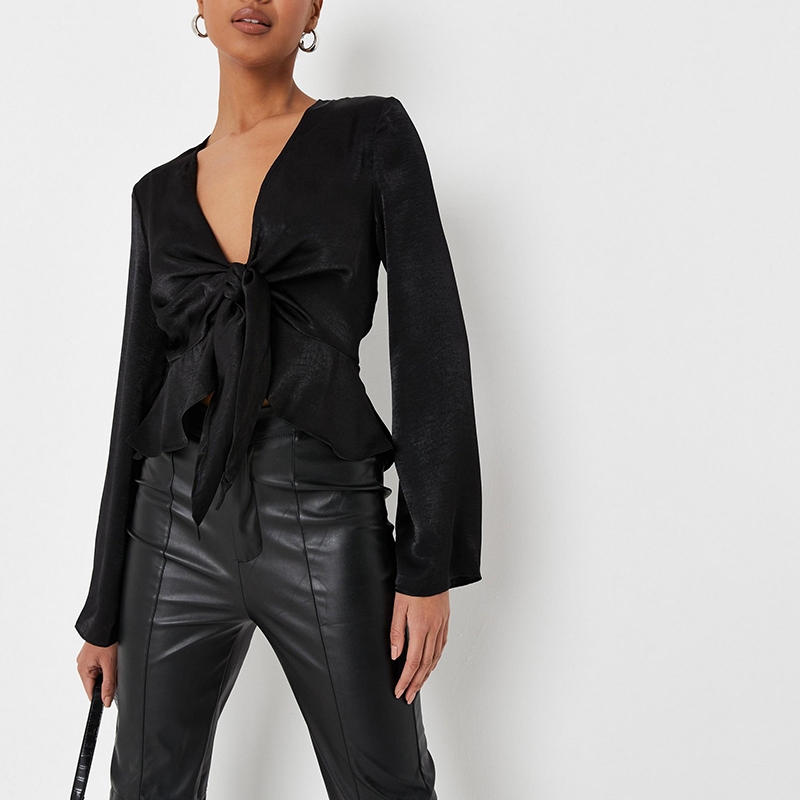 Black satin peplum hem blouse