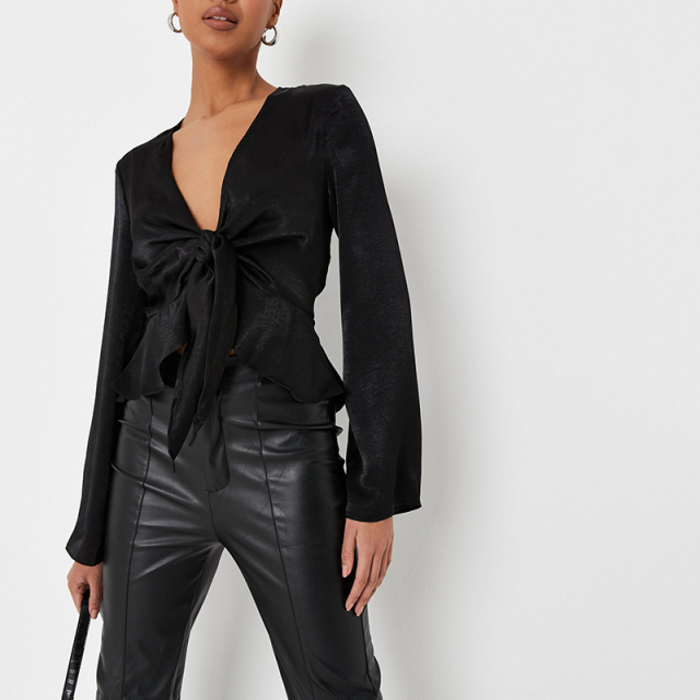 Black satin peplum hem blouse