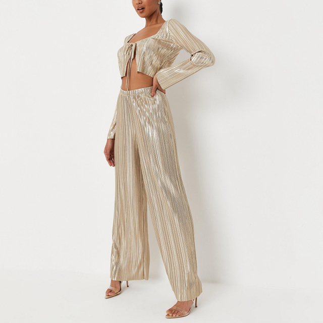 Metallic plisse crop cardigan