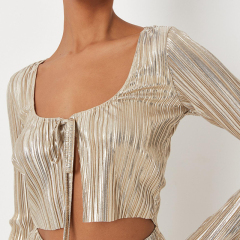 Metallic plisse crop cardigan