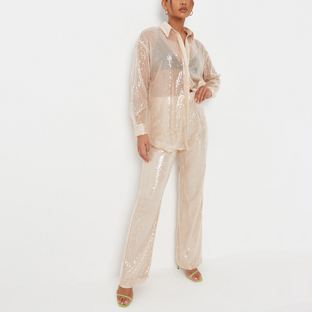 champagne co ord sequin oversized shirt and trousers