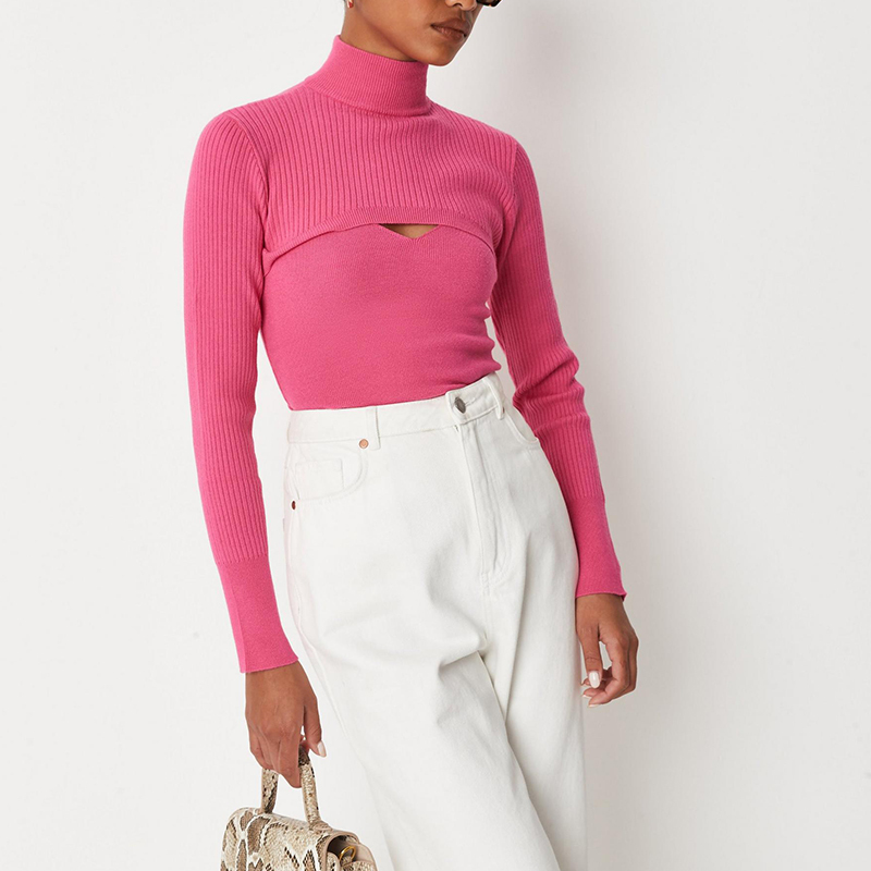 High neck overlayer long sleeve knit top
