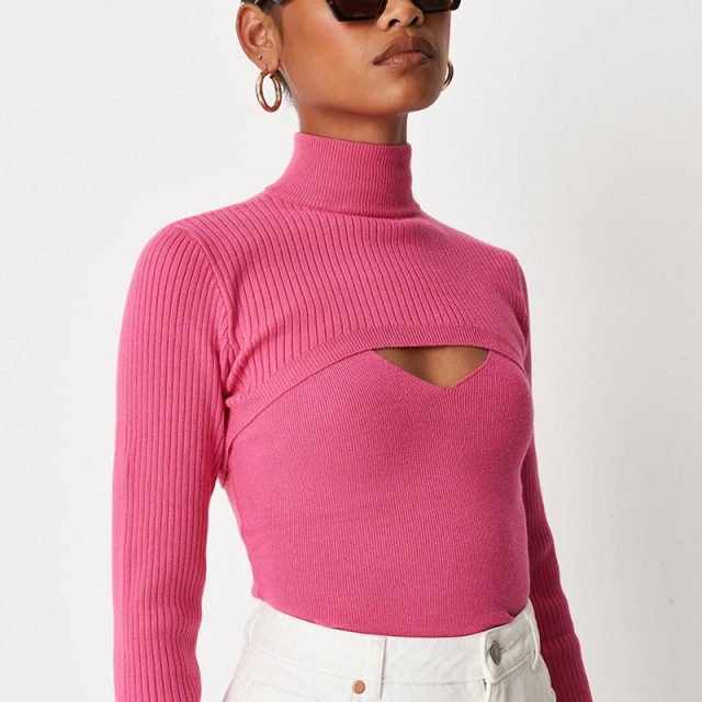 High neck overlayer long sleeve knit top