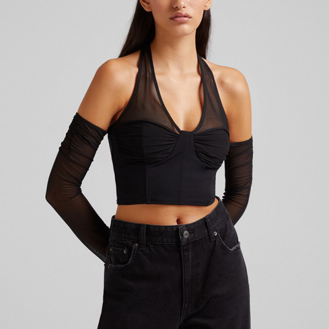 Off-the-shoulder mesh top