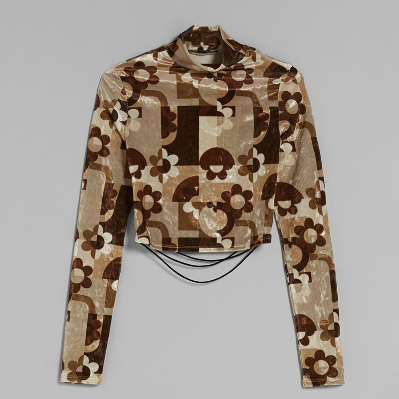 Velvet print long-sleeved top