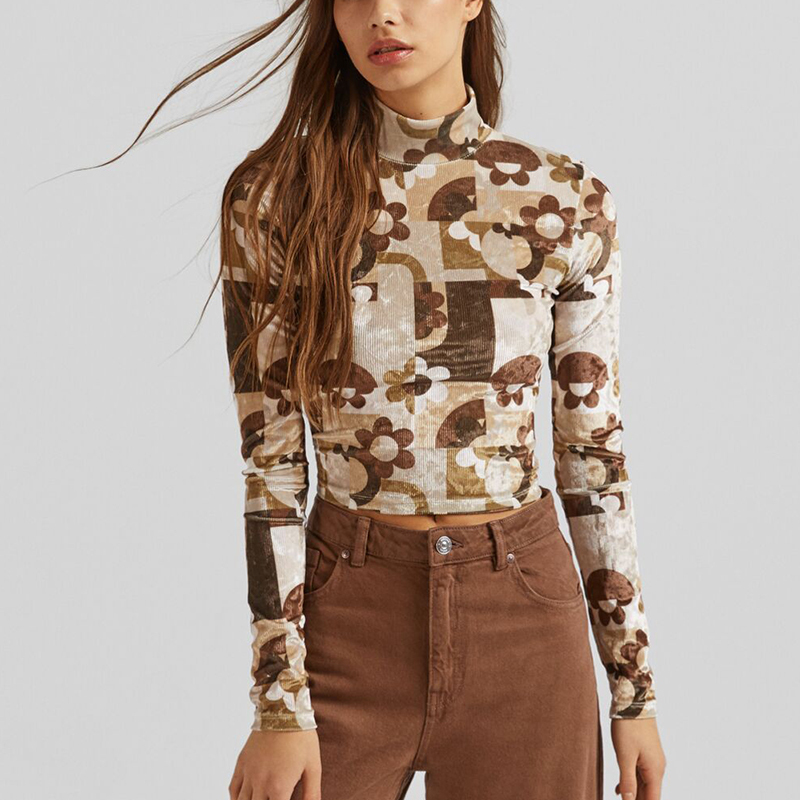 Velvet print long-sleeved top