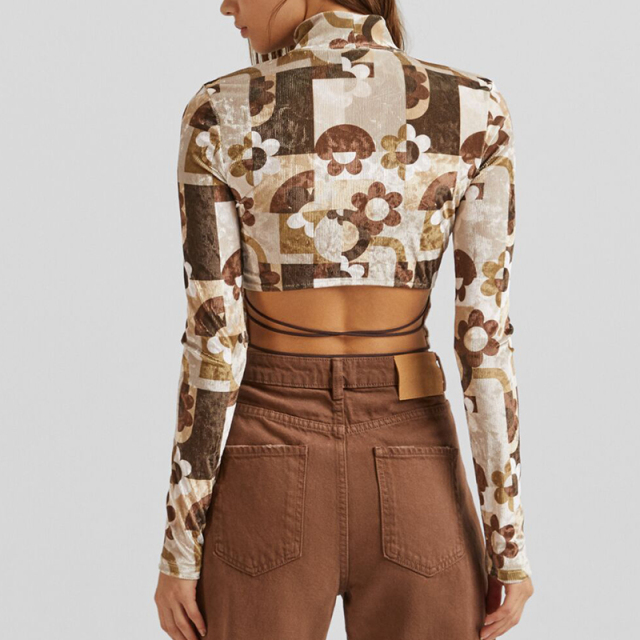 Velvet print long-sleeved top