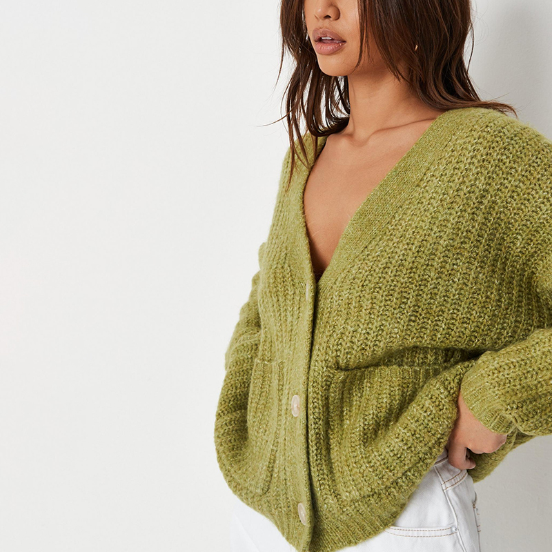 Lime marl button front pocket knit cardigan