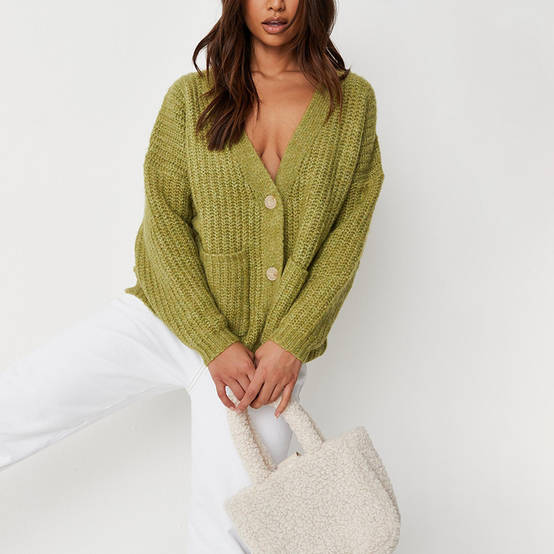 Lime marl button front pocket knit cardigan