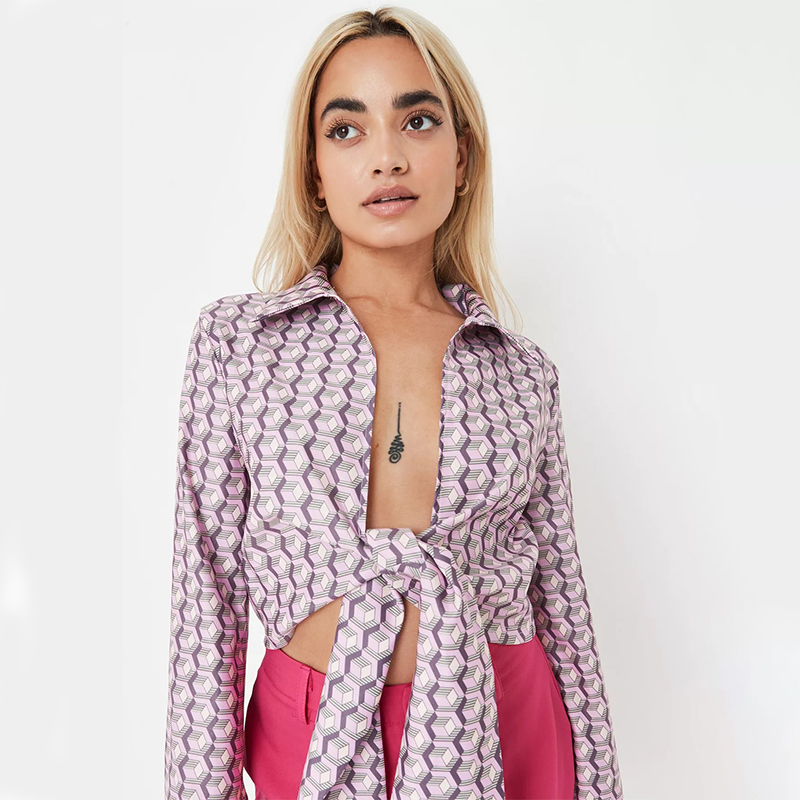 lilac printed stretch poplin tie front collar shirt