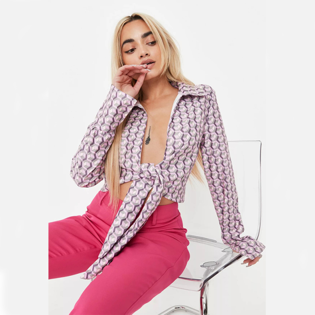 lilac printed stretch poplin tie front collar shirt