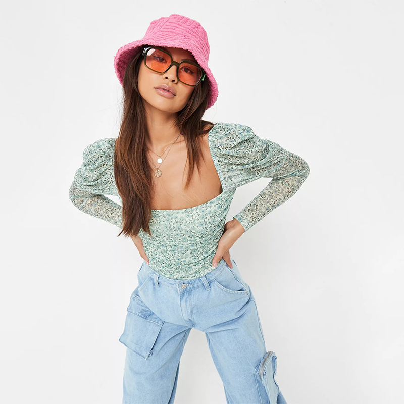sage floral print milkmaid mesh bodysuit