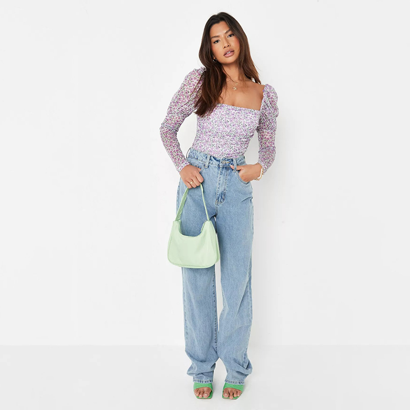 lilac floral print milkmaid mesh bodysuit