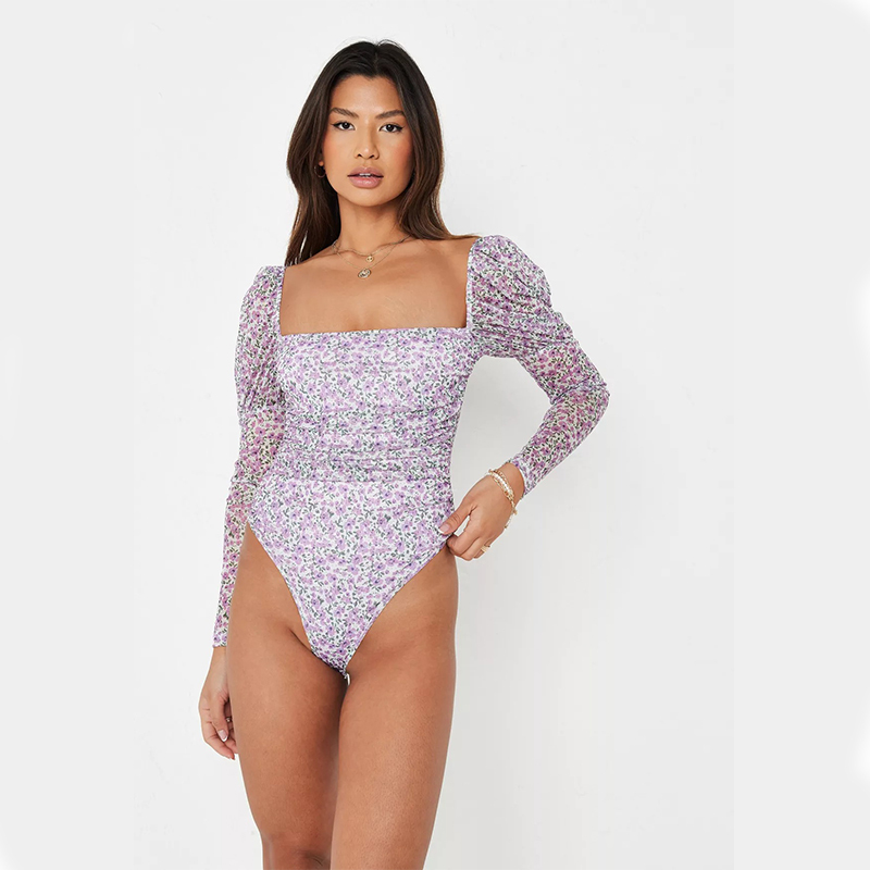 lilac floral print milkmaid mesh bodysuit