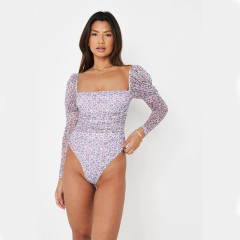 lilac floral print milkmaid mesh bodysuit