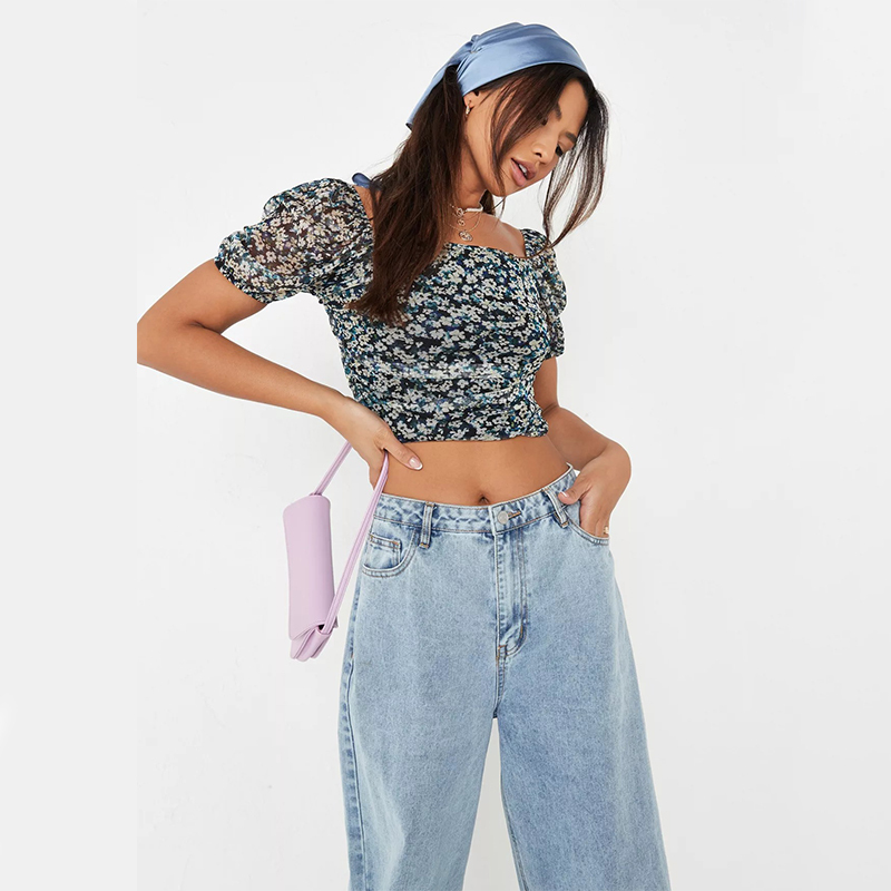 sage milkmaid mesh puff sleeve crop top
