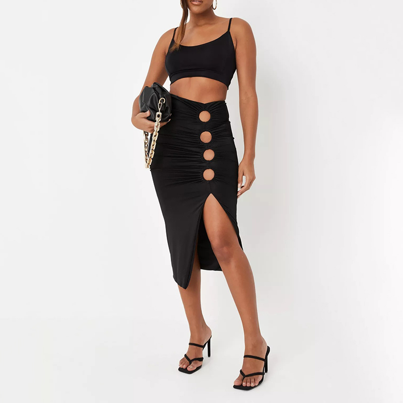 black bralet and ruched midi skirt slinky co ord set