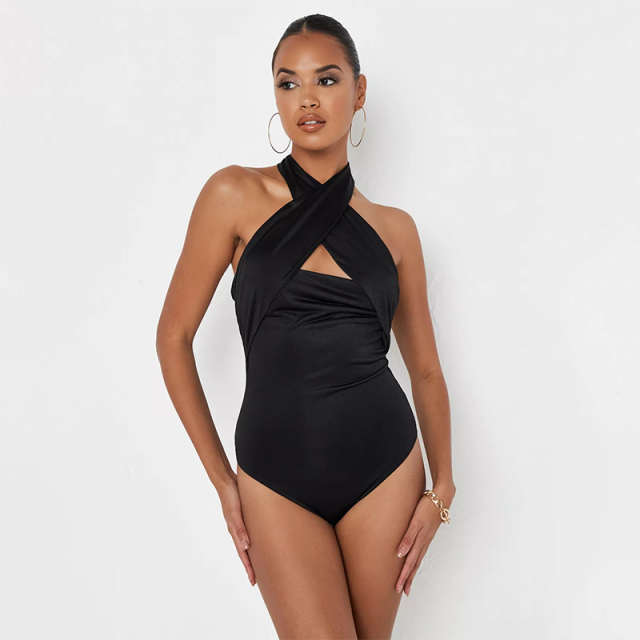 tall black slinky halterneck bodysuit