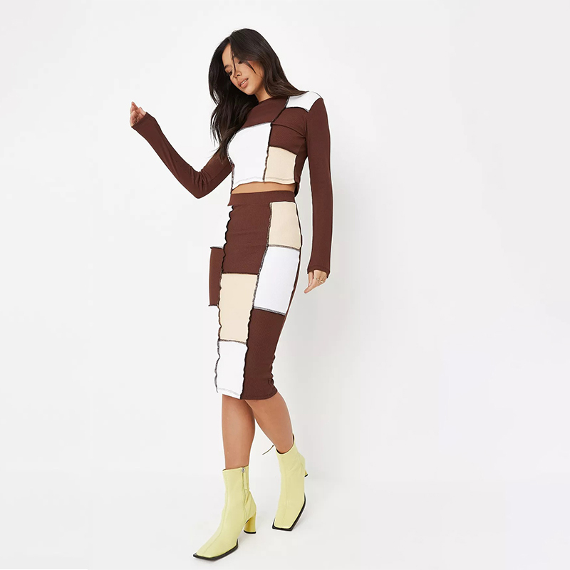 chocolate co ord rib colourblock exposed seam midi skirt