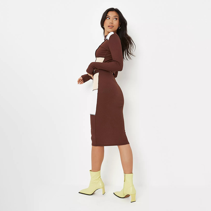 chocolate co ord rib colourblock exposed seam midi skirt