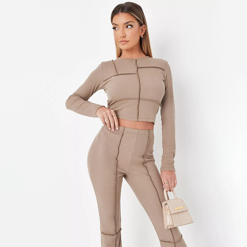 stone co ord rib exposed seam patchwork top