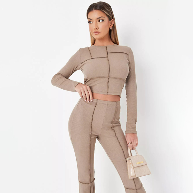 stone co ord rib exposed seam patchwork top