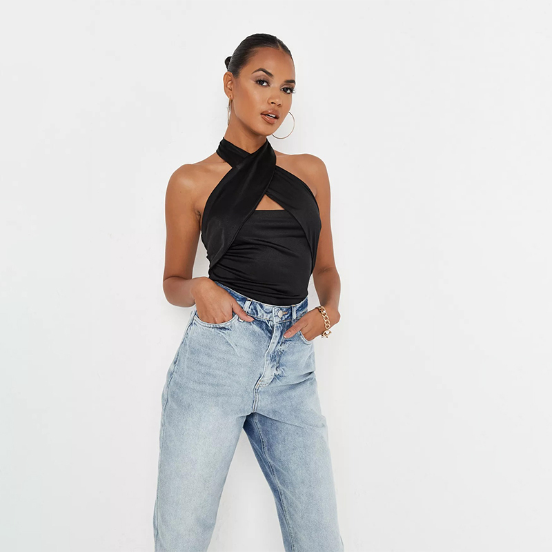 tall black slinky halterneck bodysuit