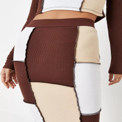 chocolate co ord rib colourblock exposed seam midi skirt