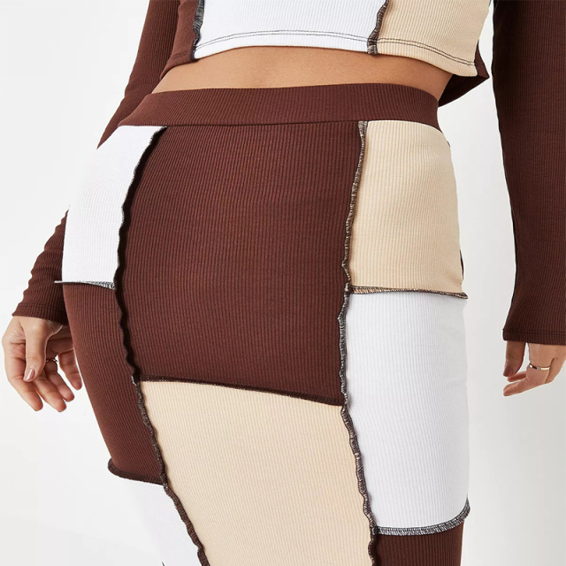 chocolate co ord rib colourblock exposed seam midi skirt