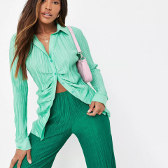 tall green ruched front plisse shirt