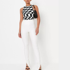 tall cream faux leather split hem flared trousers