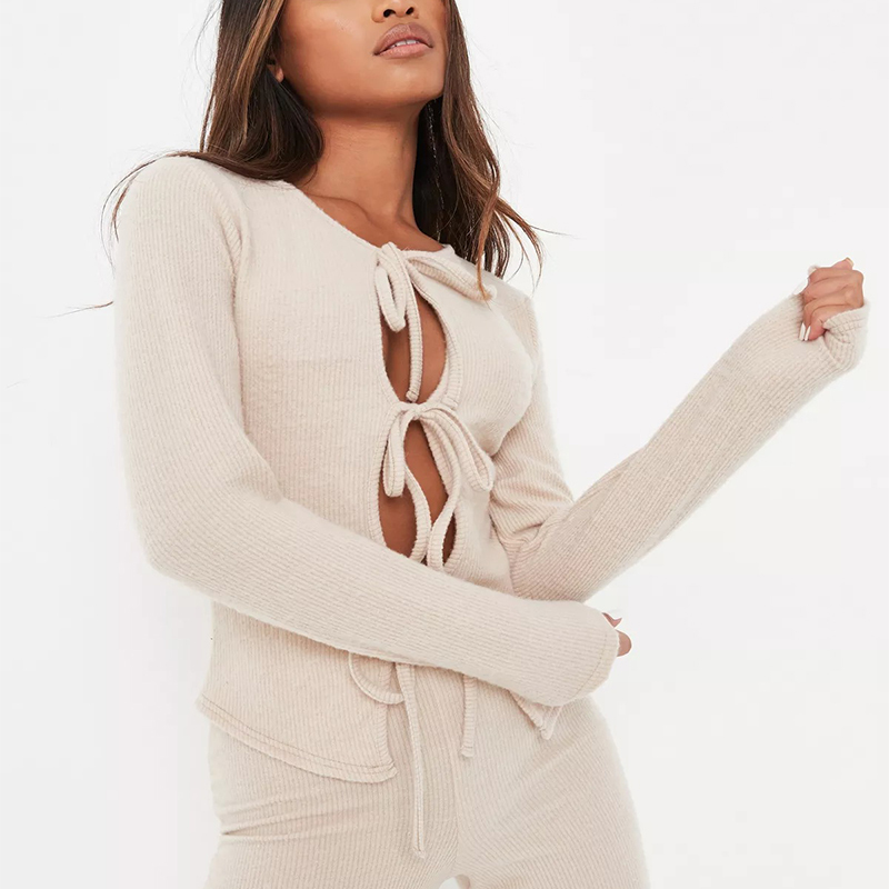 stone co ord brushed rib tie detail cardigan