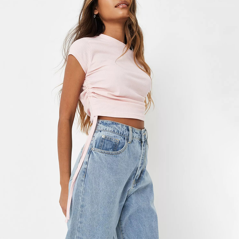 white stripe rib ruched fitted t shirt