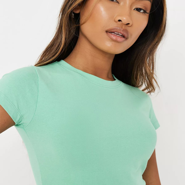 blue cap sleeve crop fitted t shirt