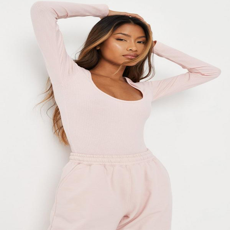pink rib scoop neck long sleeve bodysuit