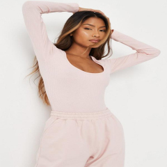 pink rib scoop neck long sleeve bodysuit