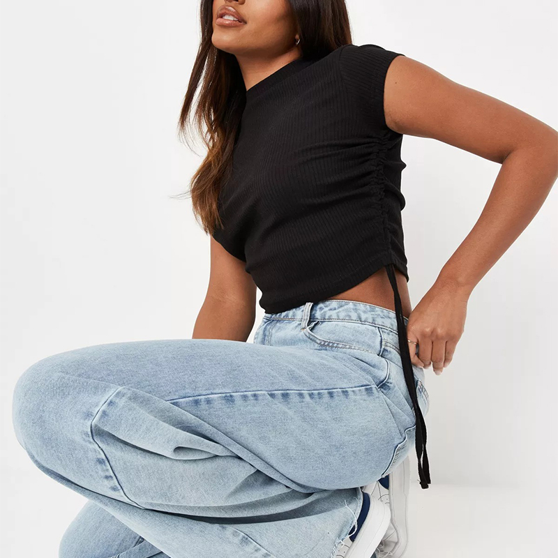 white stripe rib ruched fitted t shirt