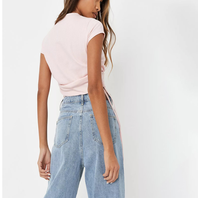 white stripe rib ruched fitted t shirt